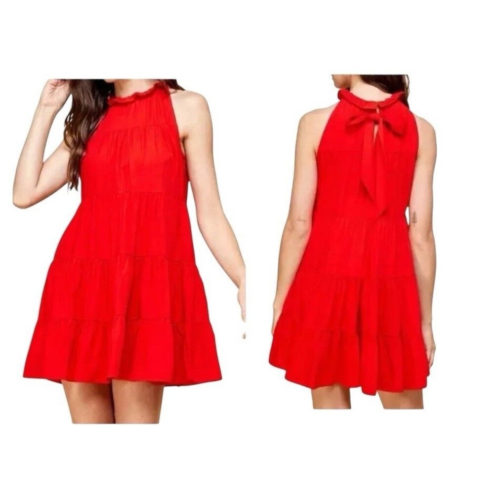 Pinch Red Tiered Sleeveless Ruffle-Neck Halter Dress Size L Preppy Party Dress